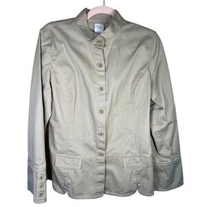 Garnet Hill Blazer Jacket Women's  12 Tan Military‎ Moto Cotton Mandarin Collar